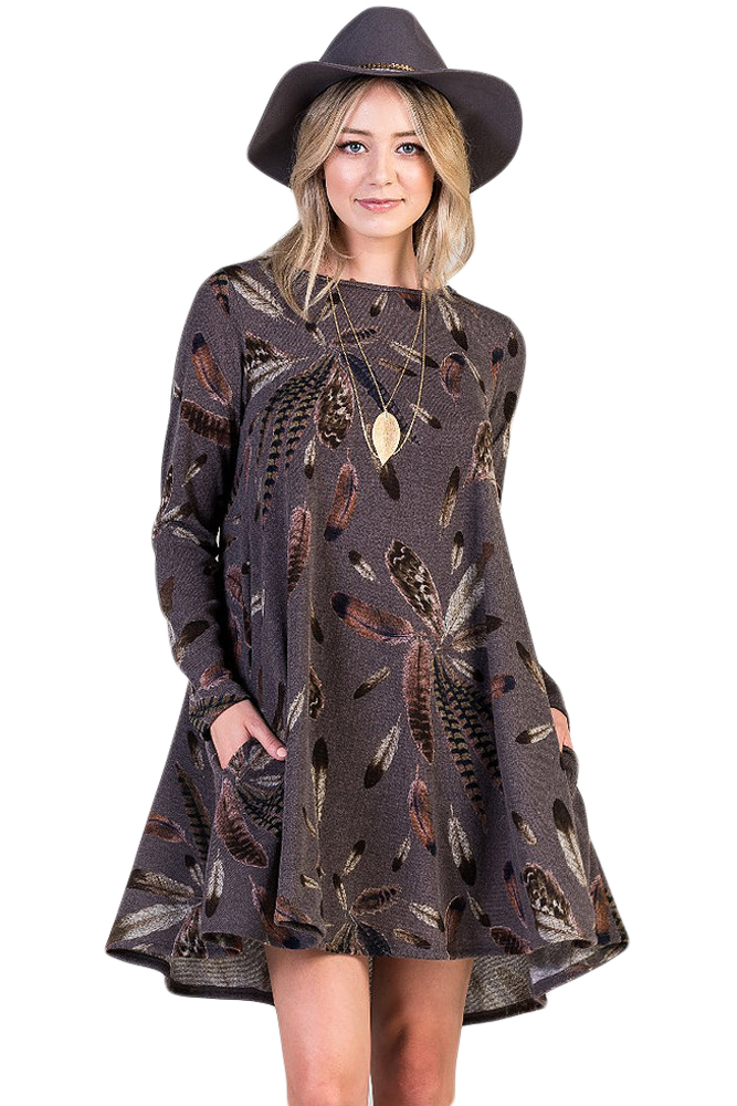 BY220210-17 Coffee Feather Graphic Pocket Tunic Dress